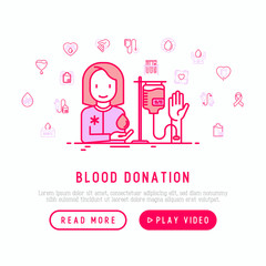 Blood donation concept: volunteer transfuses blood in blood bag. Thin line icons. Modern vector illustration for World donor day, web page template.