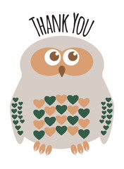 Owl cute character with hearts for feathers greeting card with text  