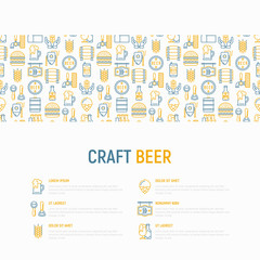Fototapeta na wymiar Craft beer concept with thin line icons related to Octoberfest: beer pack, hop, wheat, bottle opener, manufacturing, brewing, tulip glass, mag with foam, can. Vector illustration for print media.