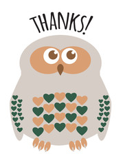 Owl cute character with hearts for feathers greeting card with text  