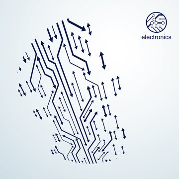 Technology communication cybernetic element with arrows. Vector abstract illustration of circuit board. Modern innovation technologies backdrop.