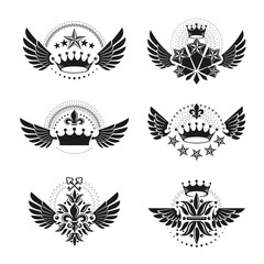 Imperial Crowns and Vintage Stars emblems set. Heraldic Coat of Arms, vintage vector logos collection.