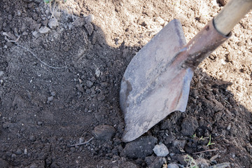 shovel in the ploughed land on the background of sunlight