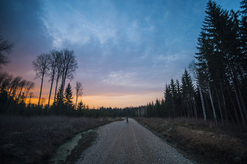 Fototapeta na wymiar Lone traveler at sunset on gravel road in a forest