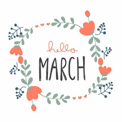 Hello March cute flower wreath vector illustration doodle style