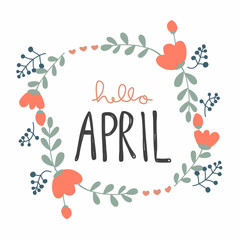 Hello April cute flower wreath vector illustration doodle style