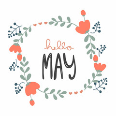 Hello May cute flower wreath vector illustration doodle style