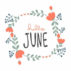 Hello June cute flower wreath vector illustration doodle style