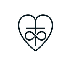 Immortal Love of God conceptual symbol combined with infinity loop sign and Christian Cross with heart, vector creative logo.