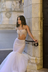 Wedding dress in Paris. Bride in a luxury palace in a wedding dress