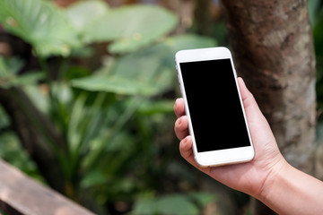 Mockup image of a hand holding white smart phone with blank black desktop screen in outdoor with blur green nature background