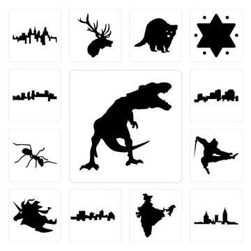 Set of t rex, alabama, india, jamaica, unicorn head, ninja, ant, louisiana outline on white background, arkansas icons