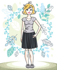 Fototapeta na wymiar Happy pretty young blonde woman standing on background of spring landscape and wearing fashionable casual clothes. Vector character.