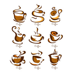 coffee cups logo brown Design Collection. Freeform. symbol. Abstract. vector illustration. on white background. Sway. coffee bean. Espresso. Latte. cappuccino. Caffe Mocha. Americano coffee