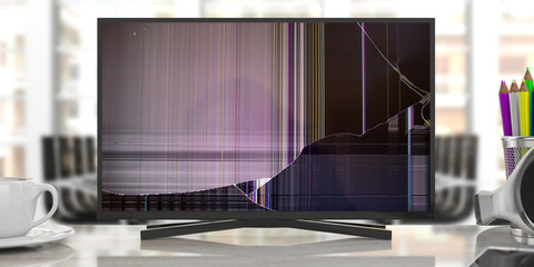 Monitor with broken glass on blur office background. 3d illustration