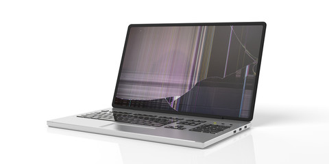 Computer laptop with broken screen isolated on white background. 3d illustration