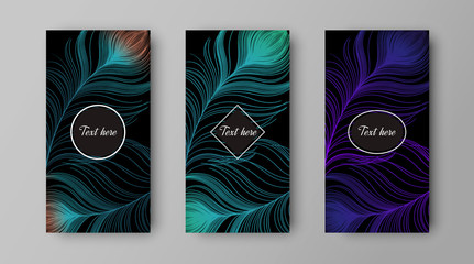 leaflet with green and purple peacock feathers, vector design of cover 