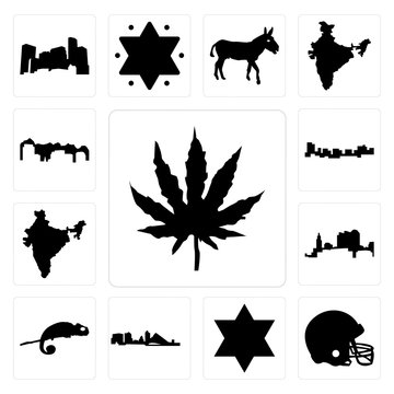Set of marijuana leaf, football helmet, star david, wisconsin, chameleon, ohio, india, jamaica, utah icons