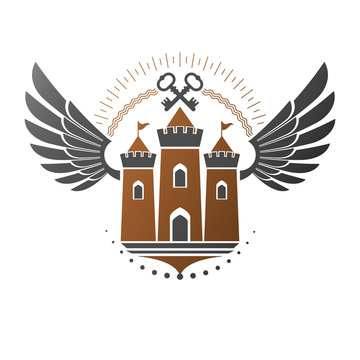 Ancient Citadel emblem. Heraldic vector design element. Retro style label, heraldry logo. Ornate logotype on isolated white background.