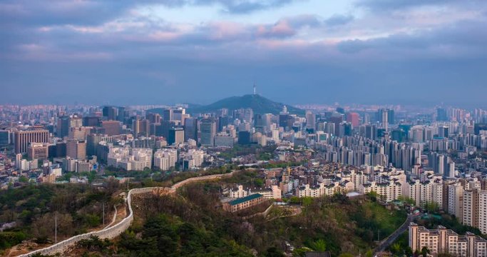 Seoul skyline on sunset timelapse, South Korea.