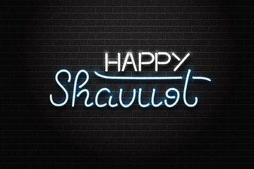 Vector realistic isolated neon sign of lettering logo for Shavuot Jewish holiday for decoration and covering. Concept of Happy Shavuot.
