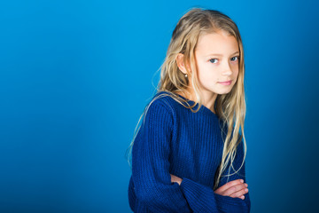 Hairdresser and skincare of little kid in casual style, denim. hairdresser and skincare, copy space