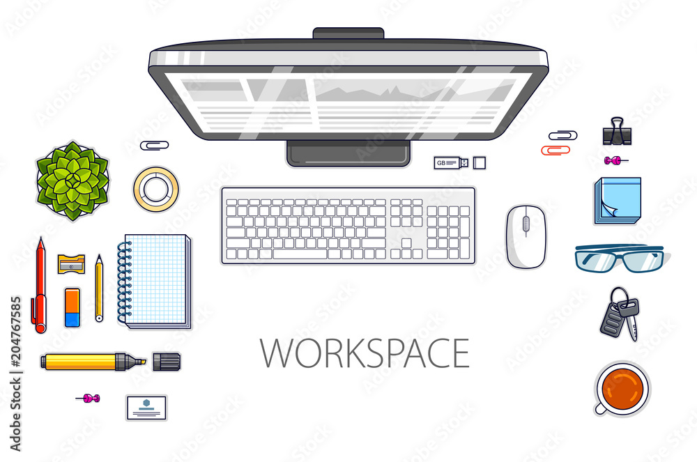 Poster work desk workspace top view with pc computer and a lot of different stationery objects on table iso