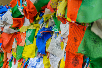 Tibetan prayer flags. Buddhist religion attribute