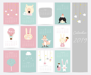 Colorful cute monthly calendar 2019 with star,bear,girl,balloon,rabbit,fox and tree.Can be used for web,banner,poster,label and printable