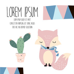 cute pastel greeting card with fox,geometric and cactus in scandinavian style