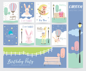 Green blue pastel greeting card with balloon, rabbit,fox,giraffe,moon,star,gift,bench and cloud