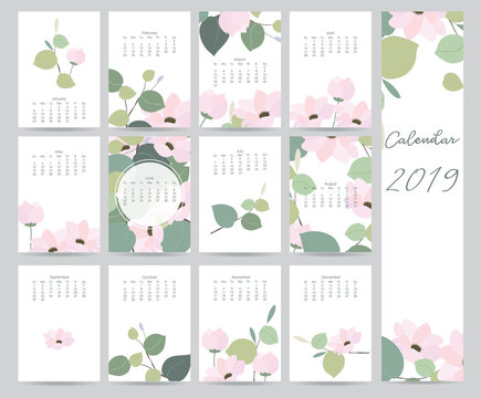 Colorful cute monthly calendar 2018 with leaf,flower.Can be used for web,banner,poster,label and printable
