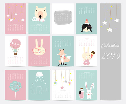 Colorful cute monthly calendar 2019 with star,bear,girl,balloon,rabbit,fox and tree.Can be used for web,banner,poster,label and printable