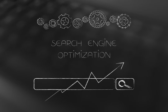 search engine optimization gearwheel mechanism with search bar and growth stats arrow