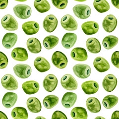 Watercolor green olives illustrated collection pattern set