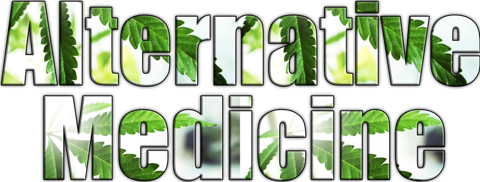 Alternative Medicine Logo With White Background With Marijuana Leaves Inside Lettering 