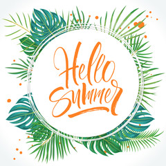 Hello Summer lettering on tropical palm leaves floral background. Brush painted letters, template for banner, flyer or gift card. Modern calligraphy, vector illustration © hely