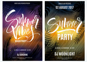 Summer Vibes Beach Party posters in sunset colors with exotic tropical leaves design. Modern calligraphy, hand lettering. Vector illustration