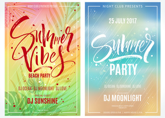 Summer party posters. Hand written lettering with exotic palm leaves and plants background. Brush painted letters, modern calligraphy, vector illustration