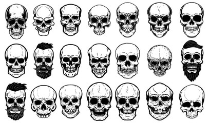 Set of human skull illustrations on white background. Design element for label, emblem, sign,logo, poster. - obrazy, fototapety, plakaty