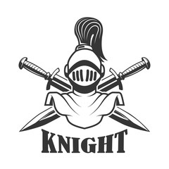  Emblem template with medieval knight helmet. Design element for logo, label, sign.