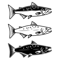 Set of salmon icons on white background. Design element for logo, label, emblem, sign.