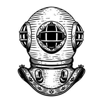 Hand drawn retro style diver helmet illustration on white background. Design elements for logo, label, emblem, sign, badge.