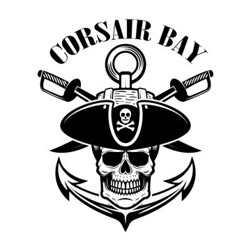 pirates. Emblem template with swords and pirate skull. Design element for logo, label, sign.