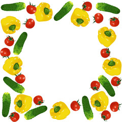 Vector isolated circle frame of  fresh red tomatoes, cucumbers and yellow bell peppers on white background