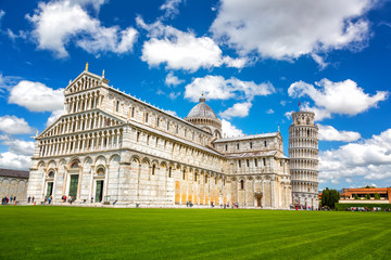 Fototapeta premium Cathedral and the Leaning Tower in Piazza dei Miracoli, Pisa, Italy.