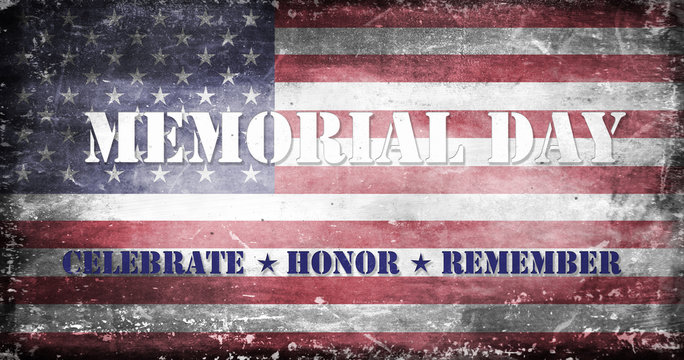 US flag with traces of use in battle and destruction from difficult military operations with the message Memorial Day - Celebrate, Honor, Remember