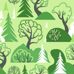 World Environment Day. Earth Day. Day of the forest. Ecological background. A seamless pattern with deciduous and coniferous trees, hills and bushes. Vector illustration.