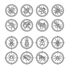Harmful insects: thin vector icon set, black and white kit