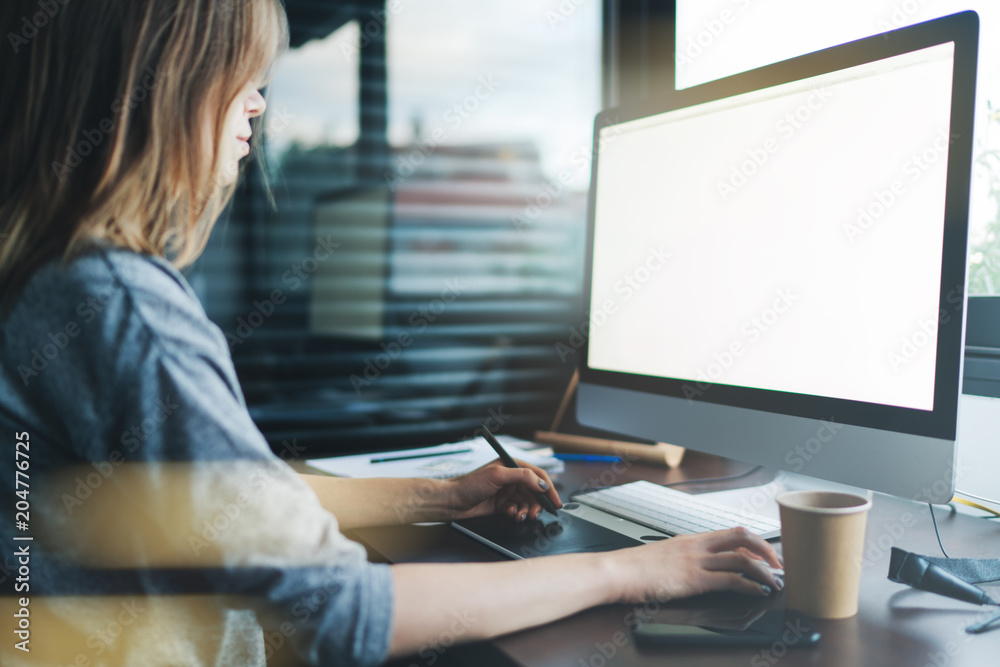 Fototapete croped shot of female graphic designer using modern computer with copy space area for advertising te